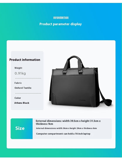 Men's business handheld notebook briefcase in elegant black Oxford cloth with polyester lining, designed for business travel, fits 14-inch laptops