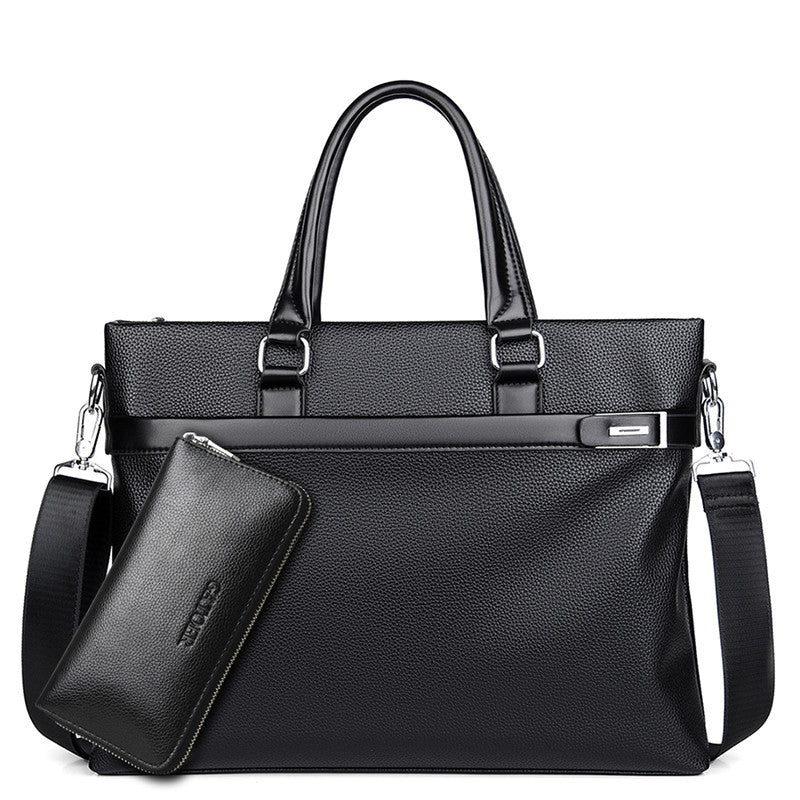 Large capacity black soft leather business handbag with detachable shoulder strap and matching wallet