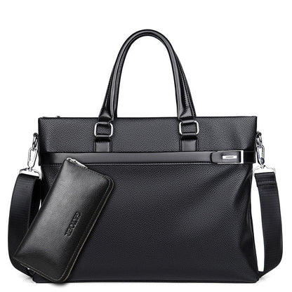 Large capacity black soft leather business handbag with detachable shoulder strap and matching wallet