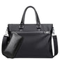 Large capacity black soft leather business handbag with detachable shoulder strap and matching wallet