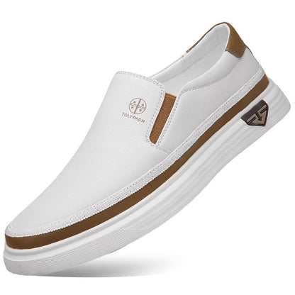 White and brown men's casual lazy slip on leather shoe with rubber sole and round toe design