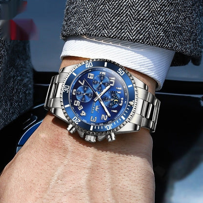 Men's multi-function watch with blue dial and silver stainless steel band