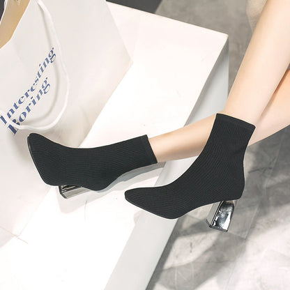 Martin Boots Women's black wool stretch sock boots with high chunky heels and square toes