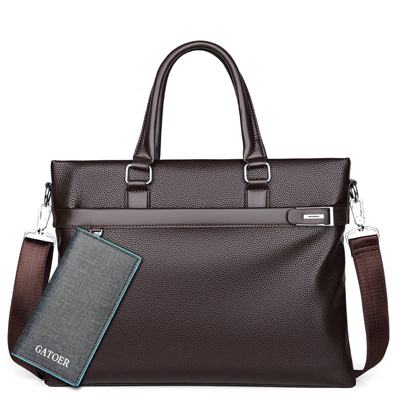Large capacity men's soft leather business handbag briefcase with shoulder strap and zipper closure