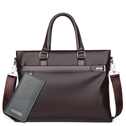Large capacity men's soft leather business handbag briefcase with shoulder strap and zipper closure