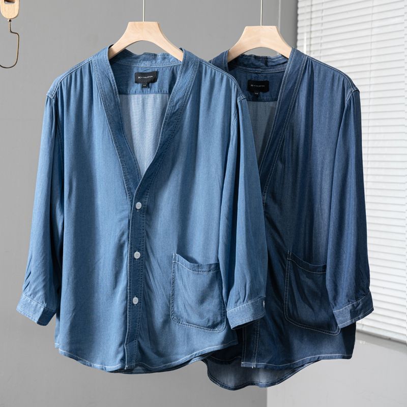Three-quarter Sleeve Men Casual Denim Coat with V-neck