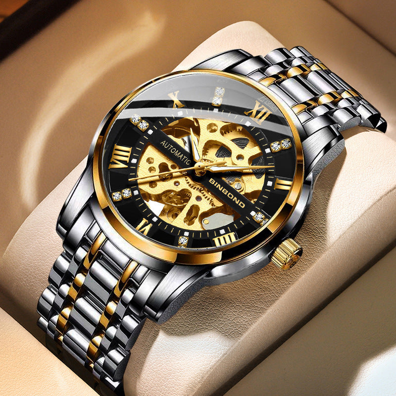 Men's automatic mechanical watch with black and gold skeleton dial and stainless steel band