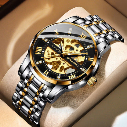 Men's automatic mechanical watch with black and gold skeleton dial and stainless steel band