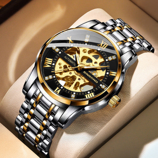 Men's automatic mechanical watch with black and gold skeleton dial and stainless steel band