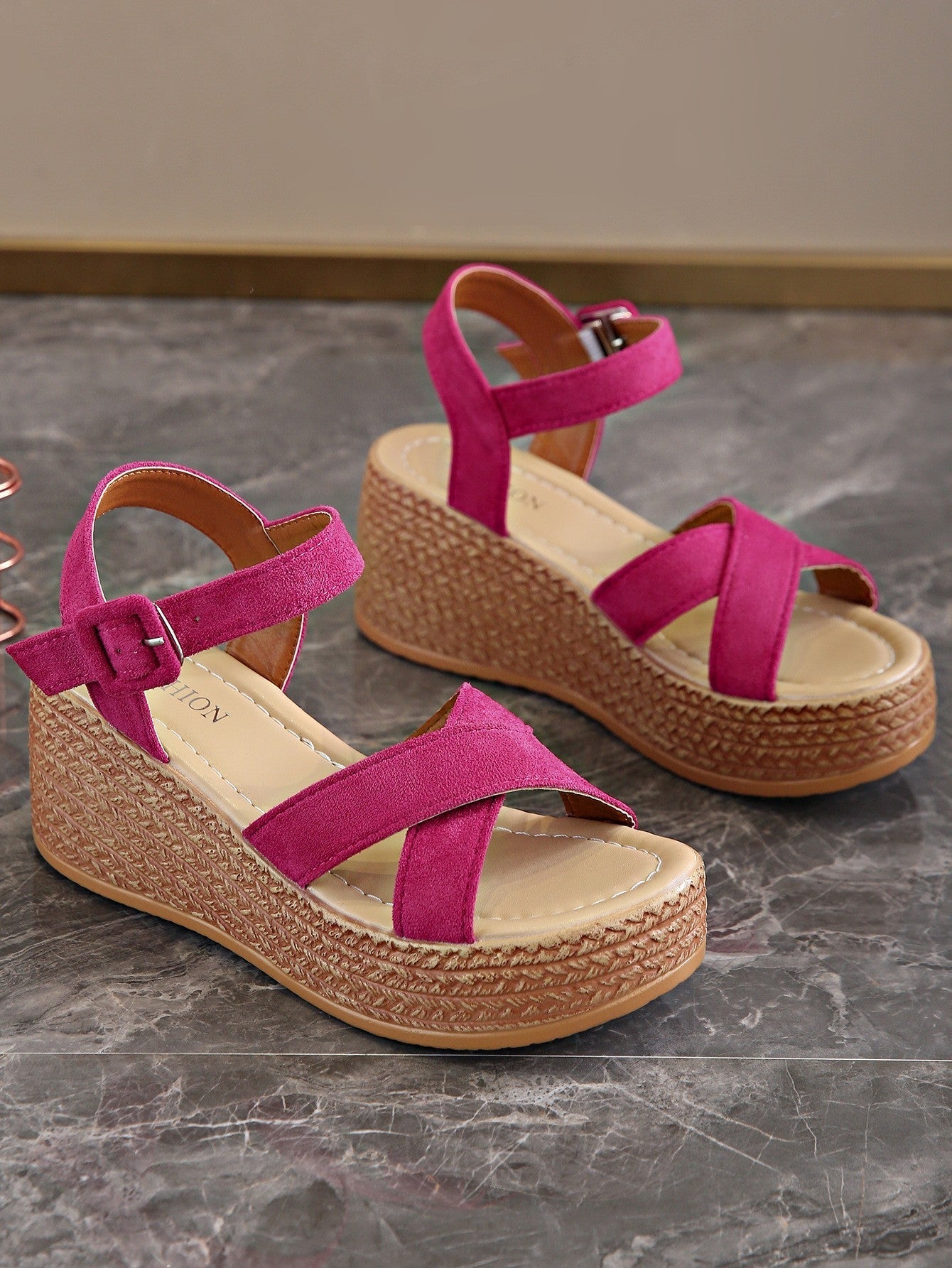 Women's platform suede sandals in rose red with ankle buckle and woven wedge sole