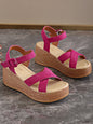 Women's platform suede sandals in rose red with ankle buckle and woven wedge sole