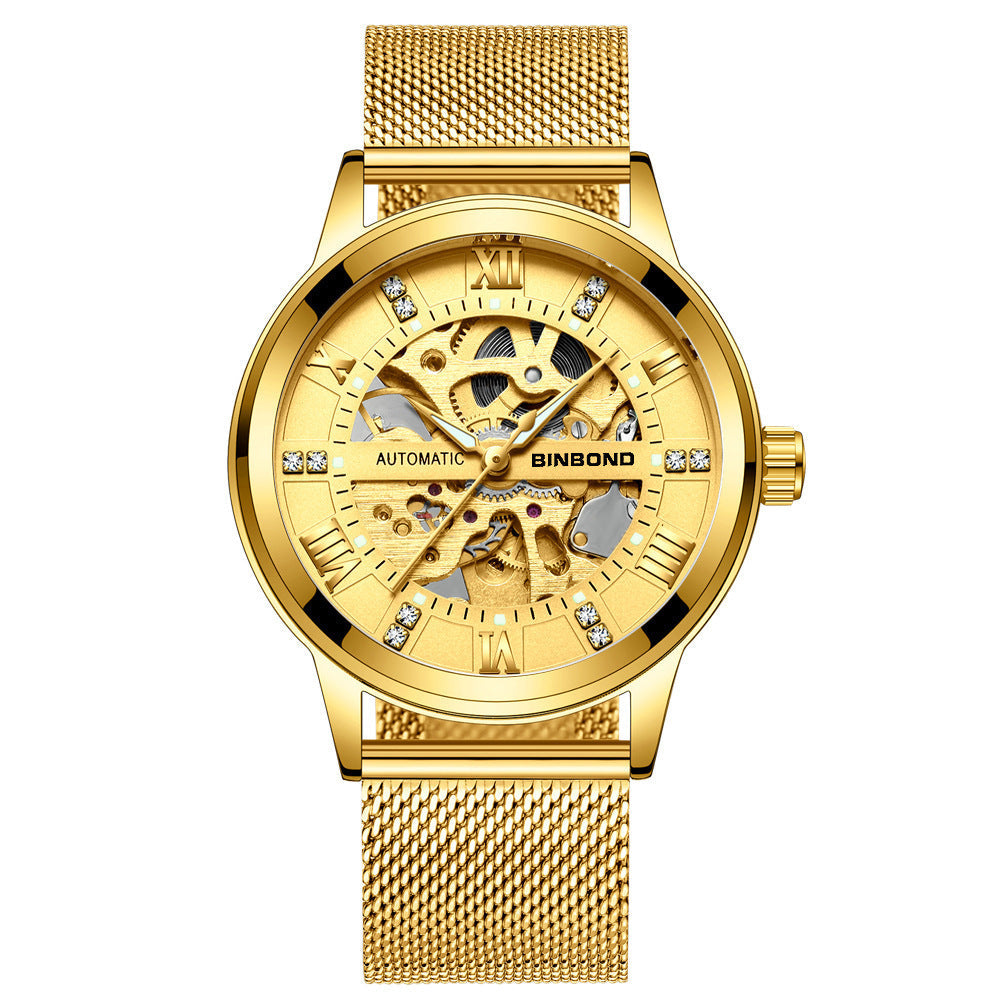 Men's automatic mechanical watch gold mesh strap luminous dial simple fashion design