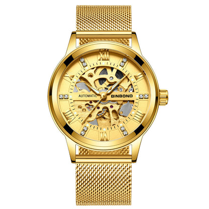 Men's automatic mechanical watch gold mesh strap luminous dial simple fashion design