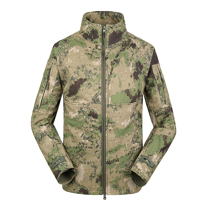Men's thin outdoor jacket coat with stand collar in green camouflage pattern for hiking and climbing