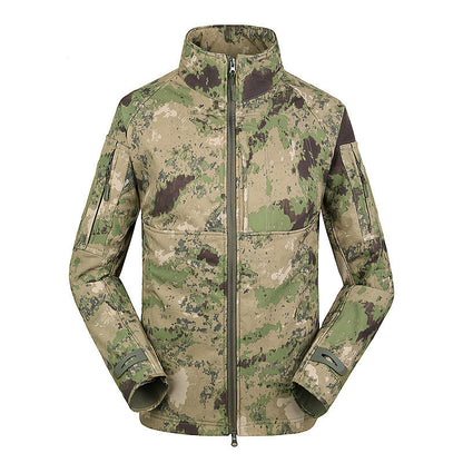 Men's thin outdoor jacket coat with stand collar in green camouflage pattern for hiking and climbing