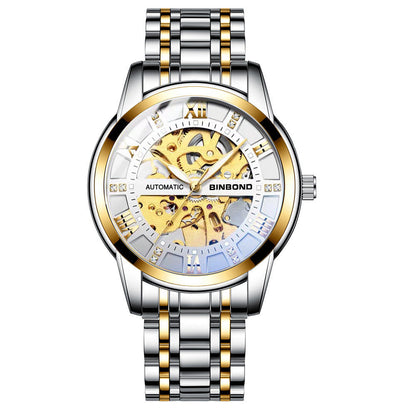 Men's automatic mechanical watch with luminous gold and silver stainless steel strap and transparent dial