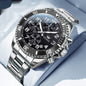 Silver men's multi-function sports watch with black dial and stainless steel band