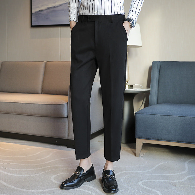 Men's black straight slim fit casual pants with elastic waist in retro style