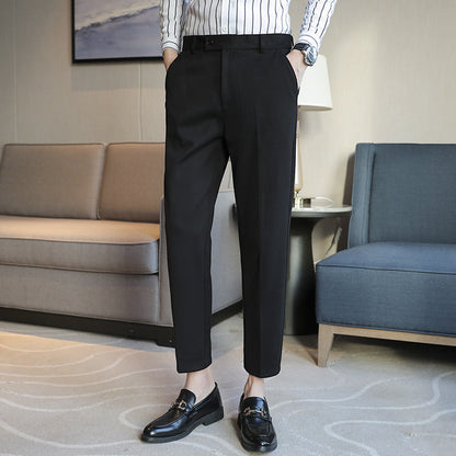 Men's black straight slim fit casual pants with elastic waist in retro style