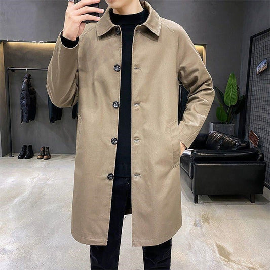 Men's mid-length loose khaki trench coat with buttons and collar, casual thin coat style