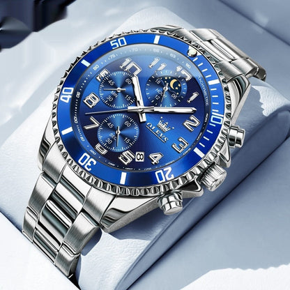 Men's multi-function sports watch with blue dial and silver stainless steel band