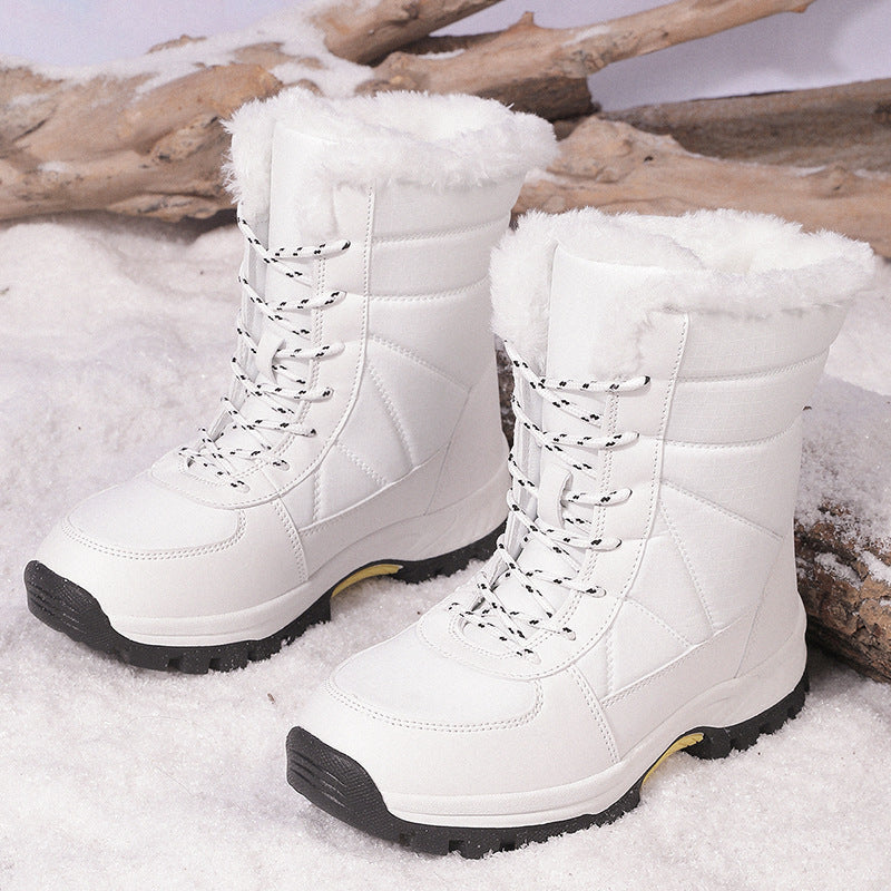White cotton-padded waterproof snow boots with non-slip rubber soles and artificial fur lining for cold weather outdoor use