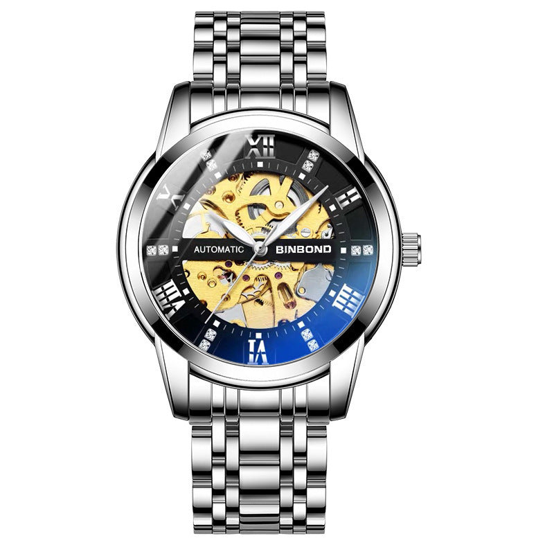 Men's automatic mechanical watch with luminous dial and silver metal strap
