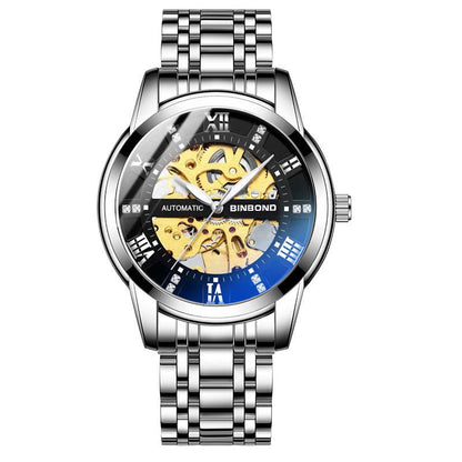 Men's automatic mechanical watch with luminous dial and silver metal strap