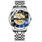 Men's automatic mechanical watch with luminous dial and silver metal strap
