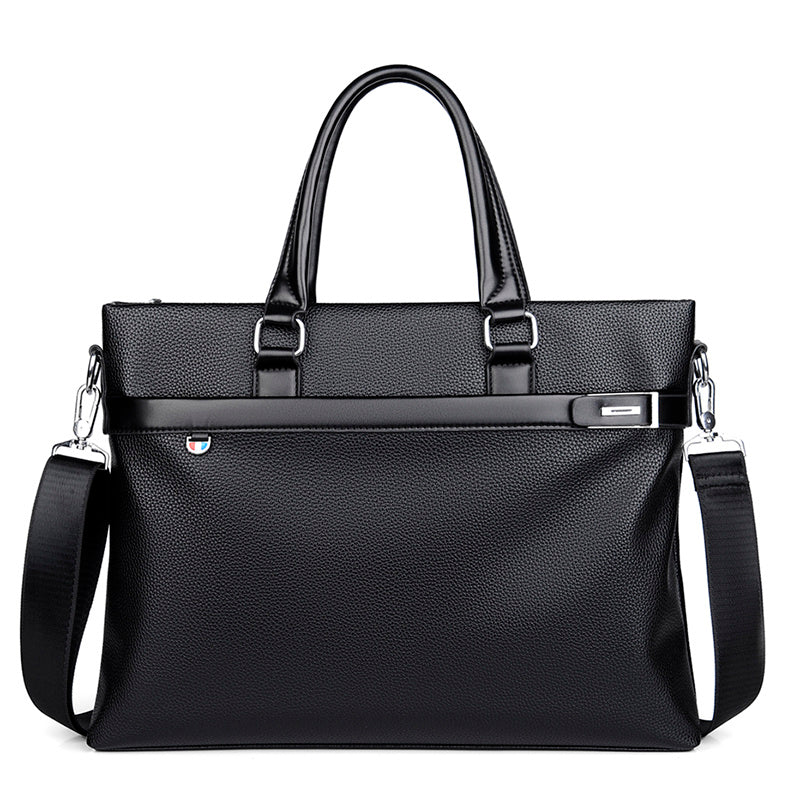 Large capacity black soft leather business handbag with handles and detachable shoulder strap designed for men.