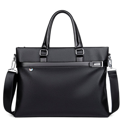 Large capacity black soft leather business handbag with handles and detachable shoulder strap designed for men.