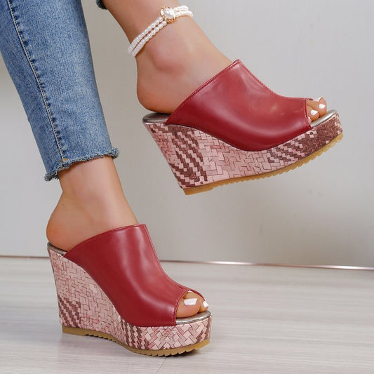 Women's Fashion European style red PU fish mouth wedge Roman shoes